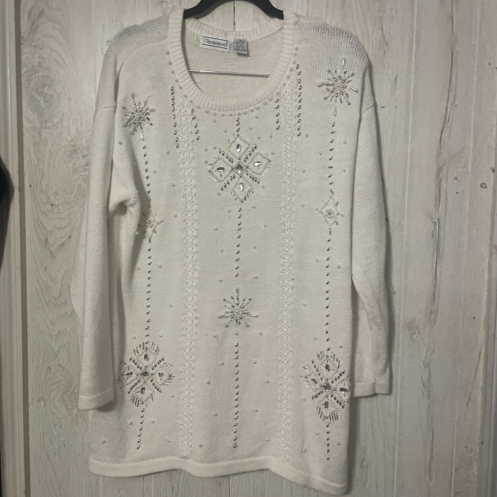 Vintage Shenanigan's White Beaded Stars Sweater Woman's Size‎ M